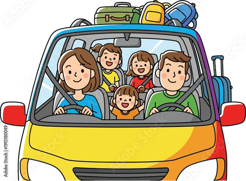 Happy family embarking on a road trip together in a colorful vehicle filled with luggage and excitement
