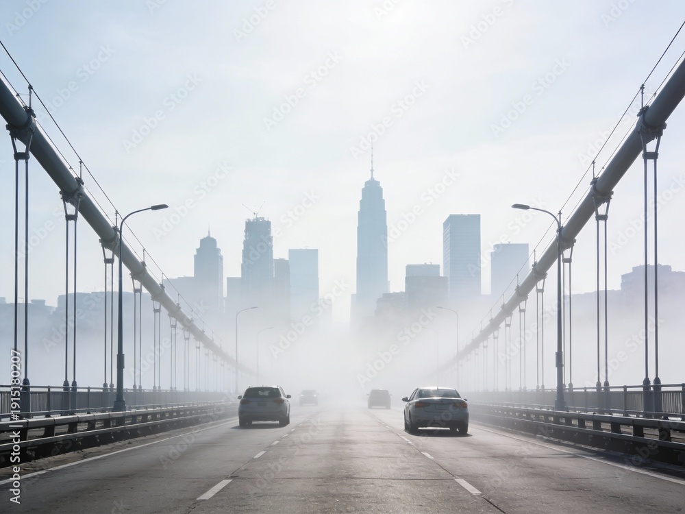 Obraz premium Cars on bridge with city skyline