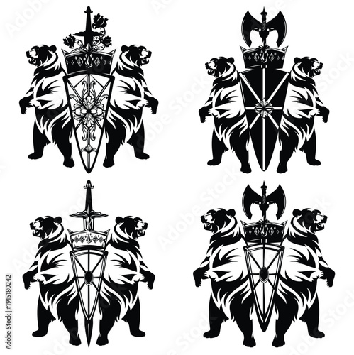 two fantasy bears by heraldic shield with king crown, knight sword, battle axe and rose flowers decor - medieval style black and white vector fairy tale royal coat of arms design set