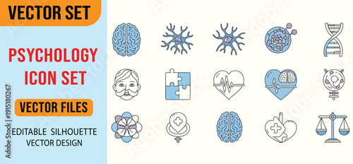 Psychology vector icons set representing various psychology concepts, including brain, neurons, DNA, and mental health symbols. Suitable for educational or medical presentations