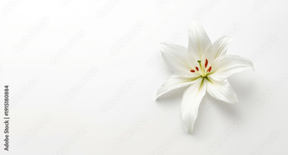 Fototapeta premium Editorial header background with a fresh lily flower on clean white surface
