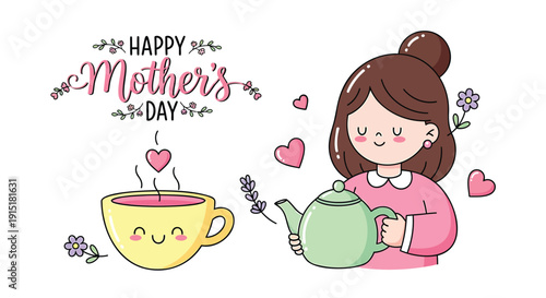 Cartoon girl holding green teapot with Happy Mother's Day text and flowers