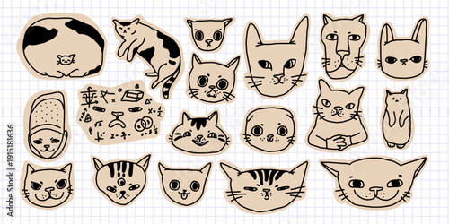 Hand-drawn meme cat stickers on craft paper
