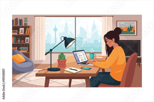 Woman working on laptop at home office desk with city view through window