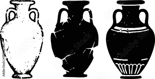 Three ancient amphora silhouettes with distinct shapes and handles displaying classical pottery design