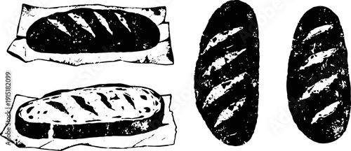 Illustration of rustic baguettes and sliced bread loaves with crusty texture and diagonal cuts