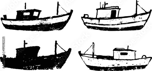 set of four vintage fishing boat silhouettes with cabin and mast, nautical marine vessel shapes