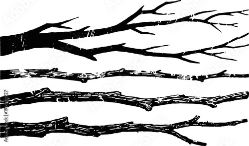 black ink hand drawn tree branches and wooden sticks set natural rustic textured wood elements illustration