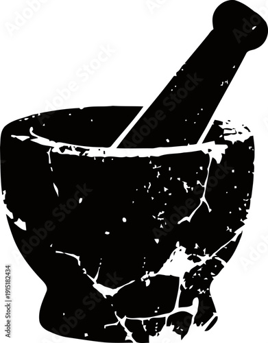 Worn mortar and pestle silhouette cracked kitchen tool for grinding and crushing herbs and spices