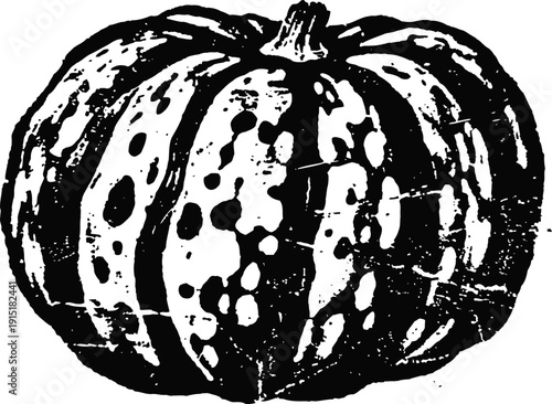 Vintage hand drawn pumpkin illustration with textured shading and detailed grooves