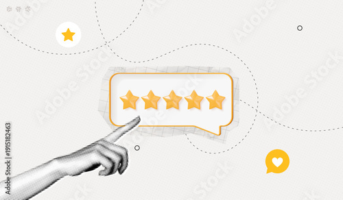 Trendy Halftone Collage Feedback or rating concept. Hand with gold five star rating. Best score point to review service. Five star for quality customer rating. Contemporary vector art illustration