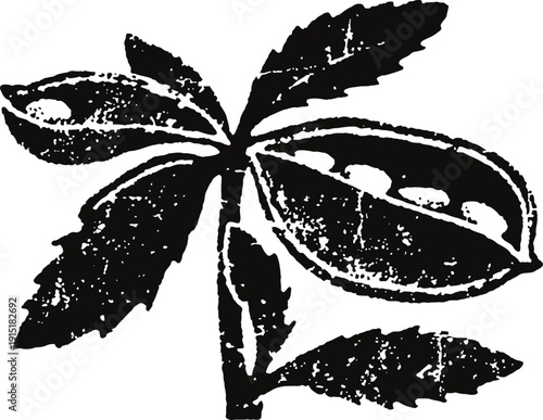 Black silhouette of a pea plant with pods and leaves isolated on white background