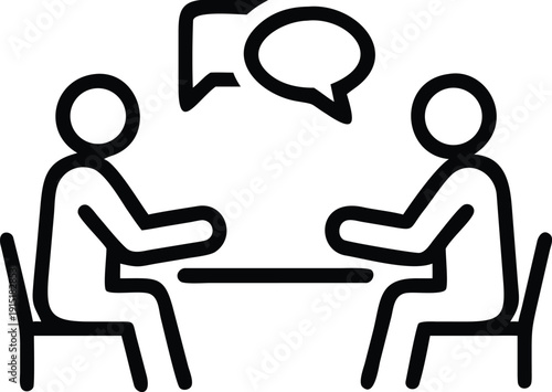 Dialogue at the Table: Depicts two individuals engaged in a discussion across a table, emphasized by conversation bubble.