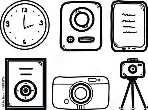 Gemini said

Vector illustration set of retro cameras and digital photography equipment icons featuring lens, video, and audio media symbols for web design