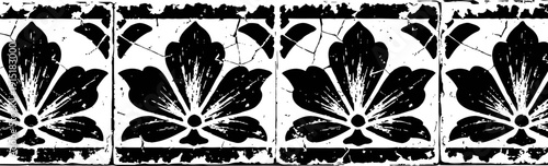 Vintage floral tile pattern in black and white with distressed texture and symmetrical design
