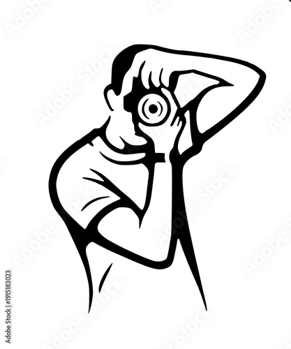 Black and white logo style illustration of photographer with cap and camera strap visible, clean vector