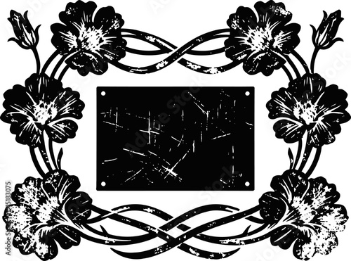 Vintage floral frame with flowers and swirling vines surrounding a central grunge rectangular plaque
