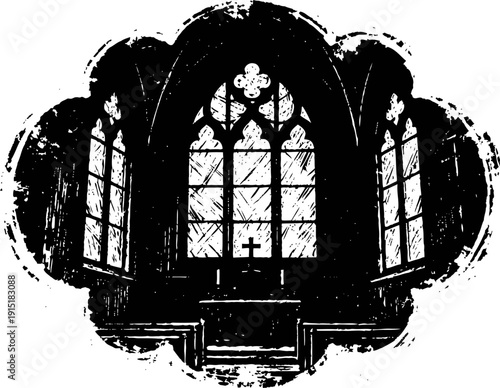 Gothic church interior silhouette with stained glass windows and altar cross