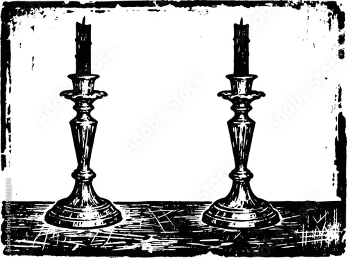 Vintage engraved illustration of two lit candlesticks on a wooden surface in black and white