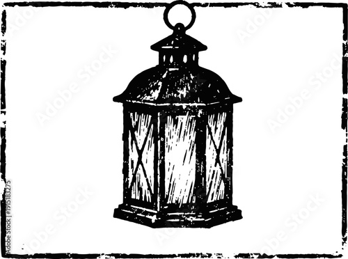Vintage lantern sketch with rustic texture hand drawn old metal candle holder with glass panels