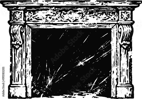 Vintage ornate fireplace mantel with carved details and classical decorative elements