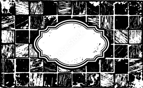 Retro black and white distressed checkerboard background with vintage styled frame label