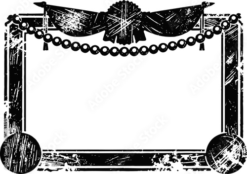 Vintage decorative frame with ribbon and bead garland design, grunge border illustration