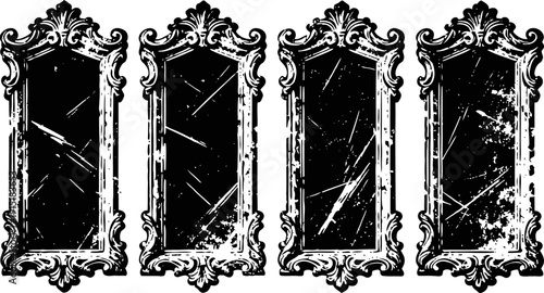 set of four vintage ornate mirrors with distressed scratched reflective surfaces and decorative frames