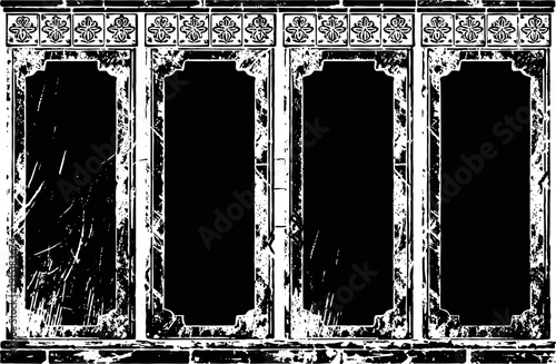 Vintage wooden cabinet with four glass doors and ornate carved floral panel details