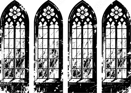 Gothic church windows with floral tracery and pointed arches in distressed vintage