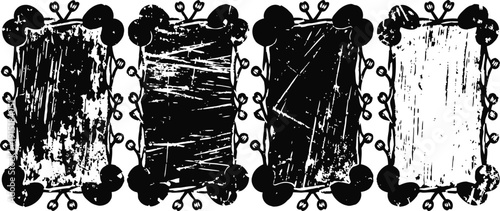 grunge rectangular frames with floral berry decoration in black and white vintage
