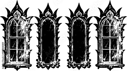 Gothic window frames with ornate pointed arches and grunge texture design elements