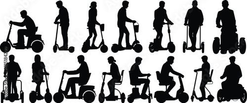 Set of Electric Mobility Scooter and Kick Scooter Rider Silhouettes Isolated on White Background for Urban Transport Concept