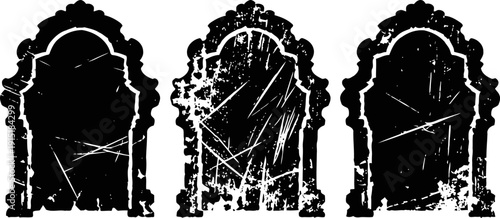 Set of three vintage distressed mirrors with ornate frames and scratched reflective surfaces