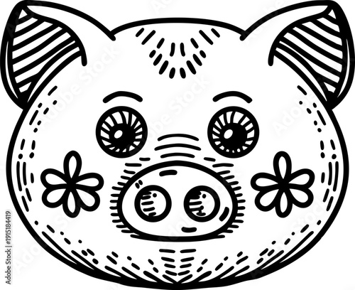 Cute pig face illustration with floral cheeks and detailed line art design