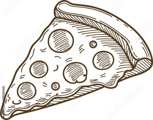 Slice of pepperoni pizza with melting cheese and thick crust, hand drawn black and white illustration