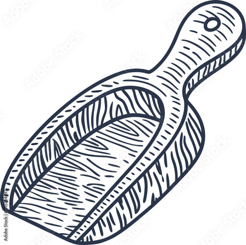 Wooden scoop with handle hand drawn kitchen utensil for measuring and serving grains, flour, or spices