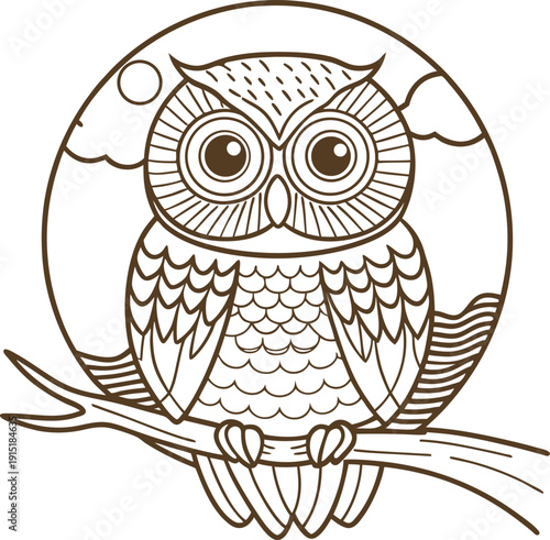 Cute owl sitting on a branch with night sky background, round frame decorative bird illustration