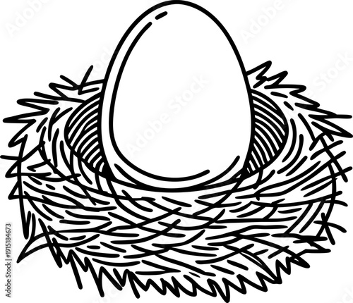 Bird egg in nest simple line art illustration of a single egg resting in a rounded nest made of twigs and straw