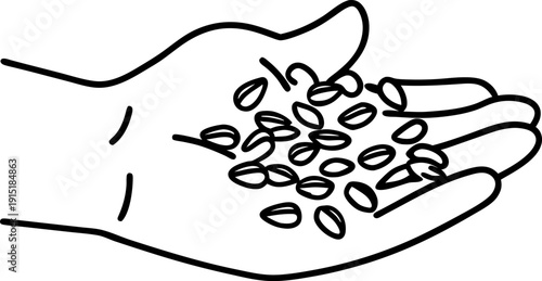 Hand holding scattered seeds outline drawing agriculture and planting concept nature and growth symbol