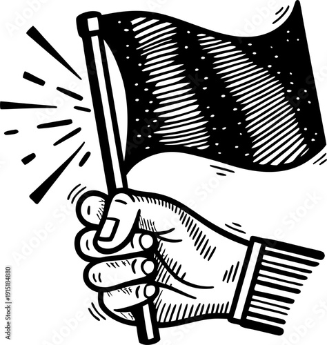Hand holding a waving flag with dynamic motion lines and a vintage engraved