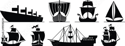 Set of Vintage and Modern Ship Silhouettes Including Cargo, Viking, Pirate and Sailing Boats Isolated on White Background
