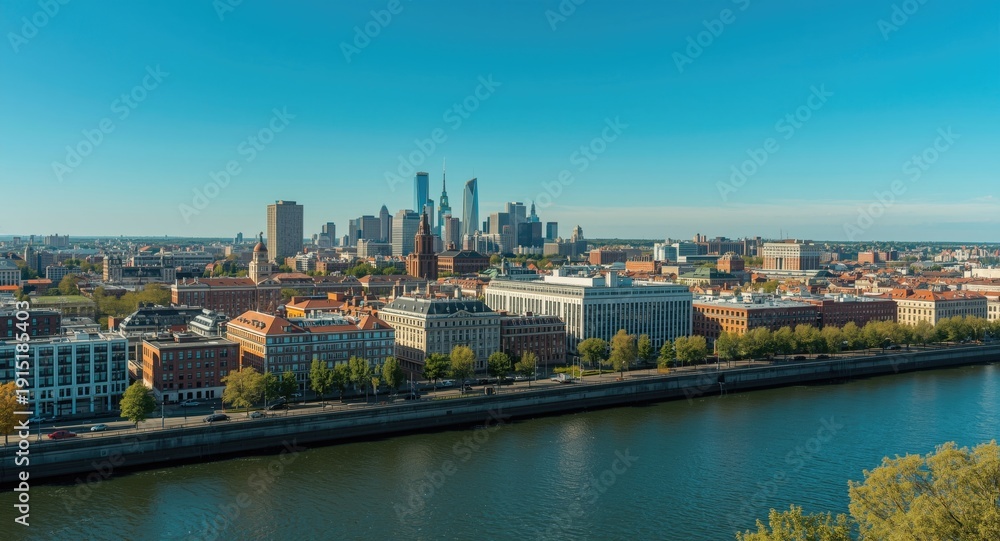 Naklejka premium Elevated urban landscape with clear blue sky and a wide river in foreground