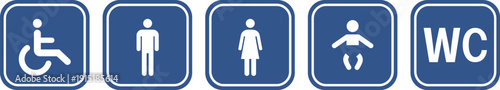 Public place signs. Public restroom symbols, WC. Toilet Room signs. Person with disabilities and physical injury symbol.