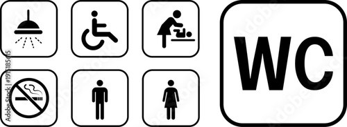 Public place signs. Public restroom symbols, WC. Toilet Room signs. No smoking area. Person with disabilities and physical injury symbol.Vector