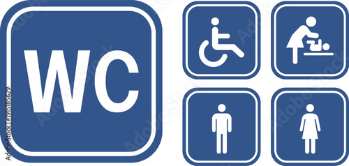 Public place signs. Public restroom symbols, WC. Toilet Room signs. Person with disabilities and physical injury symbol.