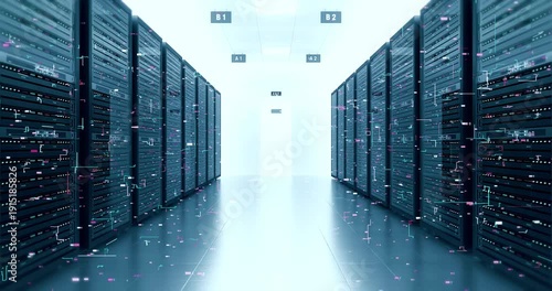 High Performance Computing Servers in Modern Data Center 4K. Technology And AI Related 3D Animation.
