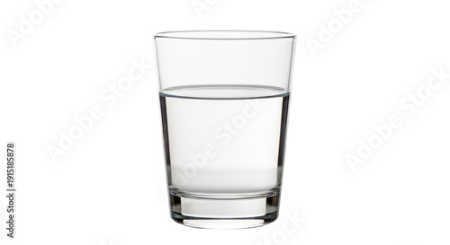 A clear glass half filled with water on a white surface isolated on transparent background