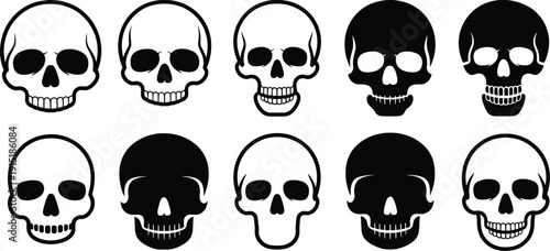Skull Silhouette Set Collection Isolated on White Background Halloween Horror Gothic Tattoo Design Illustration
