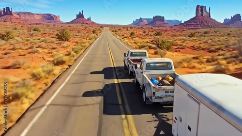 Trucks Driving Down Desert Highway.